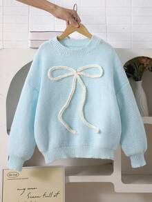 SHEIN 青少年女孩蝴蝶结刺绣毛衣，甜美休闲百搭日常穿着，柔软舒适 - 淺藍色 - 查看 5