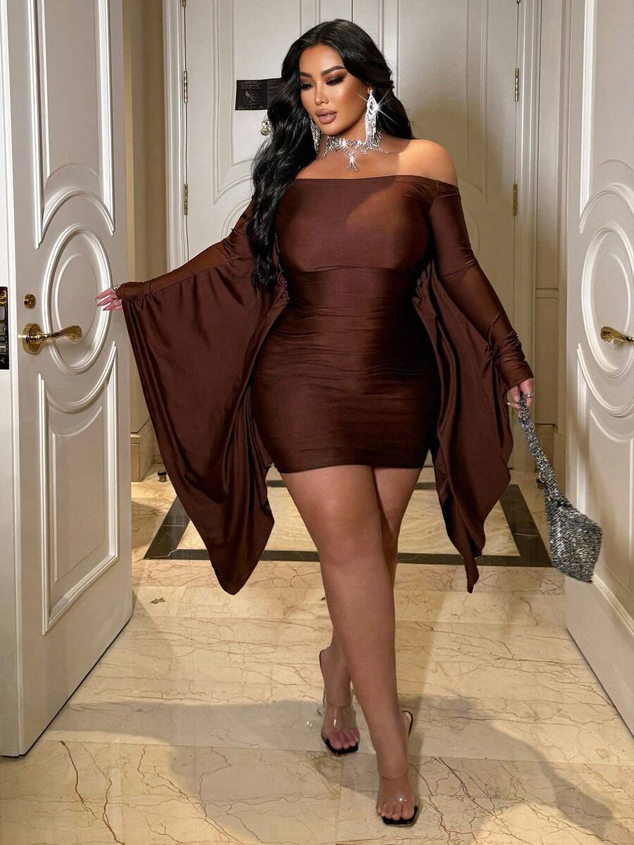 NU&NOW 大码露肩长袖性感时尚连衣裙 - 棕色 - 查看 1