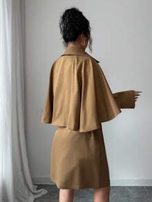 SHEIN Elenzya 女式卡其色翻领长袖双排扣蝴蝶结休闲通勤时尚斗篷式风衣夹克 - 卡其色 - 查看 2