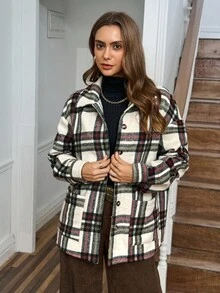 LanaWest Women's Retro Plaid Shirt Collar Patch Pocket Long Sleeve Loose Casual Fleece Jacket, Christmas - Multicolor - View 3