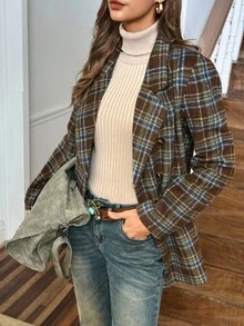 女士棕色复古格子翻领长袖休闲西部夹克，LanaWest