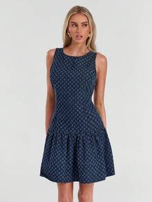 Avantive 女士休闲无袖牛仔连衣裙，圆领，时尚，秋季 - 深色水洗藍 - 查看 5