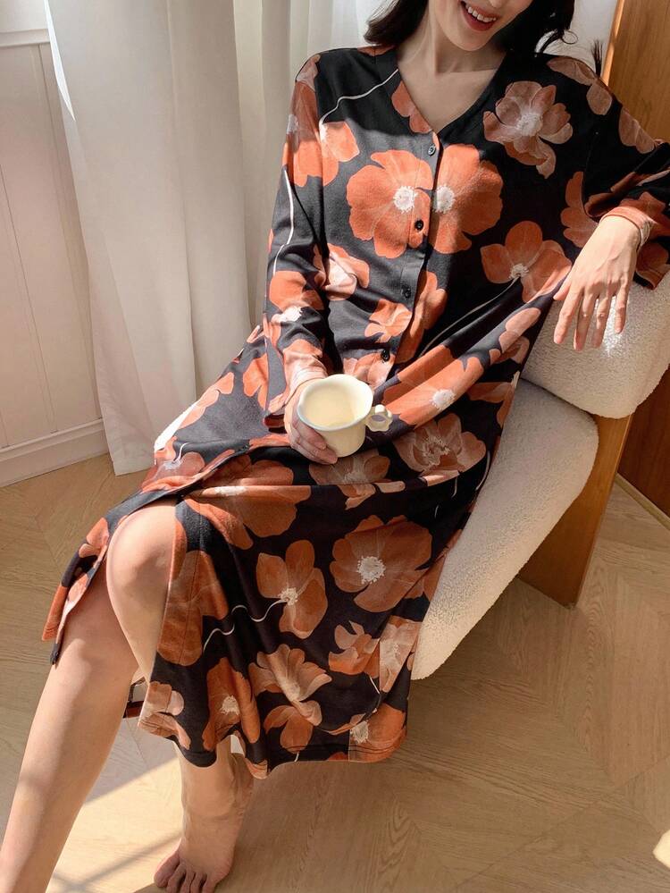 Floral Print Long Robe For Women Pajama, Winter