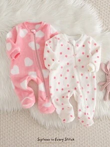 Cozy Pixies Bộ áo liền quần dài tay cổ tròn lót ấm họa tiết chấm bi hình trái tim cho bé gái sơ sinh, bộ đồ ngủ liền thân cho bé gái sơ sinh, quần áo cho bé sinh đôi sơ sinh. - Hồng - Xem 8