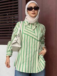 DAZY Tricou casual cu dungi largi 2 în 1 pentru femei, mânecă lungă, top modest la modă