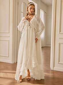 Aveloria Rosie 优雅透视荷叶边长袖连衣裙，时尚欧美风，法式氛围，层叠荷叶边下摆连衣裙，氛围，新款休闲长款雪纺连衣裙，波西米亚海滩女神飘逸连衣裙 - 杏色 - 查看 3