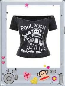 Paul Frank X ROMWE Plus Size Women Vintage Acid-Washed Monkey Print Off Shoulder T-Shirt - Black - View 1