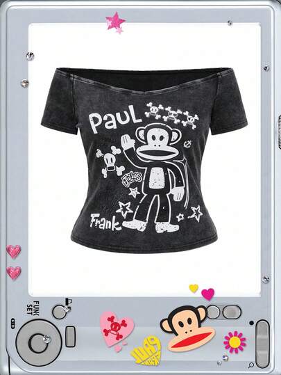 Paul Frank X ROMWE Plus Size Women Vintage Acid-Washed Monkey Print Off Shoulder T-Shirt