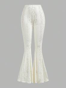 SHEIN Tall Women's White Y2K Sexy Low Waist Full Lace Exaggerated Flared Leg Skinny Tight Fitting Sexy Pants