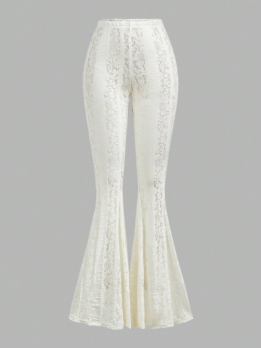SHEIN Tall Women's White Y2K Sexy Low Waist Full Lace Exaggerated Flared Leg Skinny Tight Fitting Sexy Pants