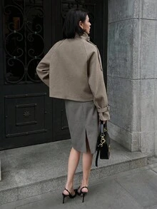 SHEIN Unity 女士秋冬复古风格宽松长袖夹克，优雅街头服饰 - 咖啡棕 - 查看 2