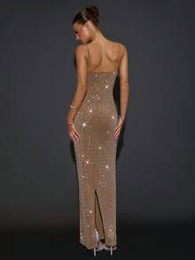 SHEIN BAE Váy dây mảnh đính pha lê lấp lánh thanh lịch dành cho nữ, thích hợp cho lễ tốt nghiệp, những dịp trang trọng, tiệc cocktail, buổi hẹn hò lãng mạn, mặc nhiều lớp thời trang thu/đông, tiệc tùng, hộp đêm, phù dâu cưới, Halloween, Giáng sinh - Màu Khaki - Xem 2