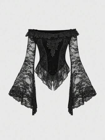 Top à manches évasées avec épaules dénudées en velours floqué et dentelle contrastée, style gothique