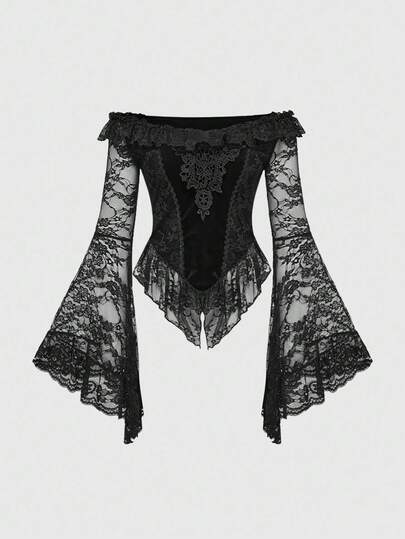 Goth Top con maniche a sbuffo, scollo spalle scoperte, in velluto floccato e pizzo a contrasto in stile gotico