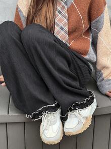 DAZY 青少年女孩松紧腰荷叶边下摆阔腿宽松休闲裤