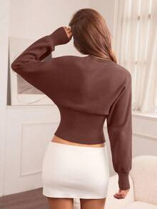 Hanevo 休闲圆领抽绳腰修身纯色针织毛衣，百搭秋冬 - 棕色 - 查看 2