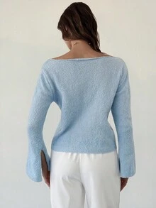 Firerie Pulover tricotat elegant pentru femei, casual, versatil, pentru utilizare zilnică, urbană, cu guler rotund, mâneci lungi evazate, manșete cu crăpături, potrivit pentru toamnă/iarnă, pentru profesoare, stil confortabil de toamnă