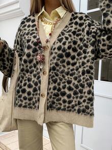 DAZY 女式豹纹长袖单排扣休闲针织开衫，秋季 - 卡其色 - 查看 3