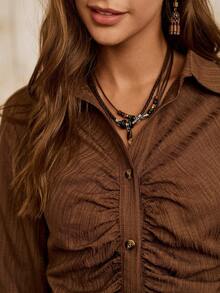 LanaWest Women's Fall Western Bohemian Brown Wave Textured Fabric Lapel V-Neck Long Sleeve Ruched Single-Breasted Shirt, Elegant Teacher, Suitable For Halloween, Autumn New Arrival Fashion Niche Design Versatile Regular Shirt - Brown - View 4