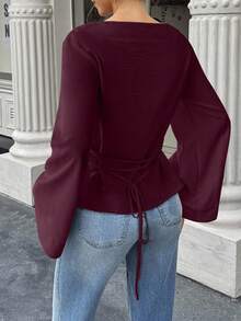 EMERY ROSE Women's Elegant Solid Color Waist Cinched Flare Sleeve Blouse, Autumn, Christmas