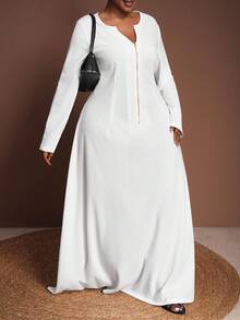 Veslaya 2025 Autumn/Winter New Arrival Elegant & Commute & Party & Date & Casual Outing & Daily Casual & Evening Dress Plus Size A-Line Solid White Long Sleeve V-Neck Front Zipper Semi-Sheer Knit Maxi Dress For Plus Size Women,Elegant Dresses For Women,White Dress For Women,One-Piece Dress Ladies Autumn Winter