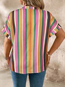 EMERY ROSE Plus Size Colorful Striped V-Neck Shirt With Rolled Up Sleeves - Multicolor - View 2