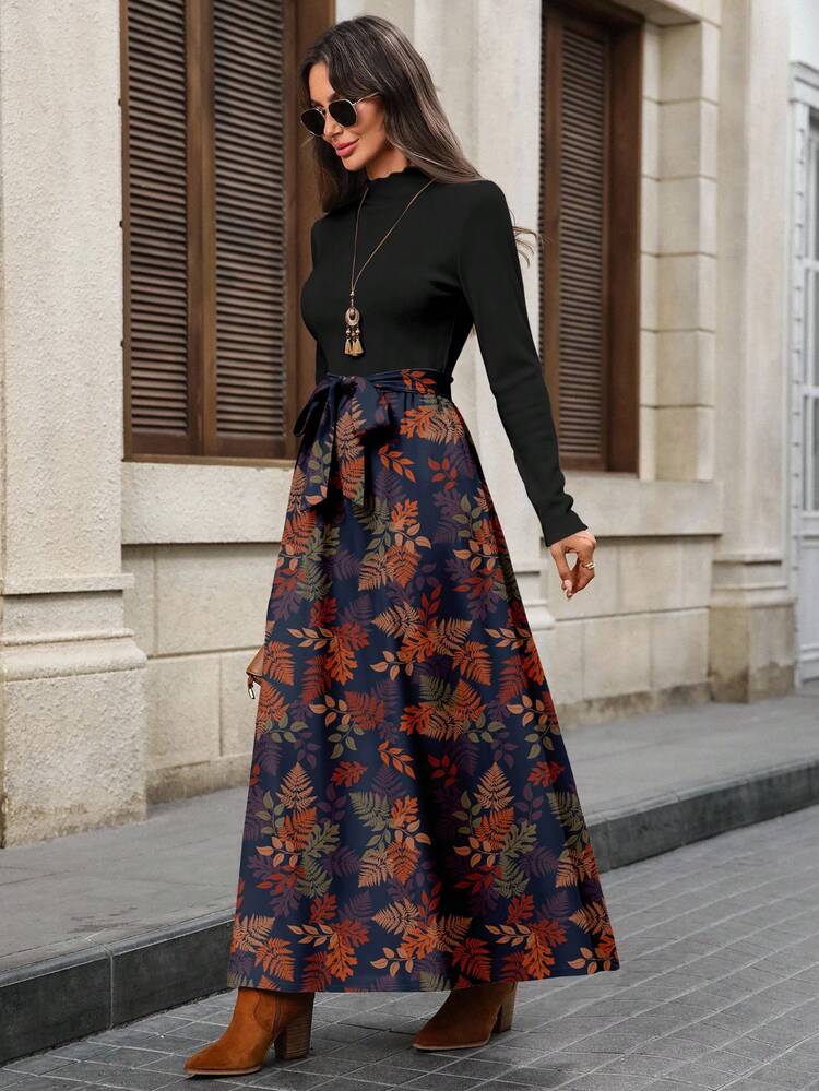 Boho Knitted Fabric Maxi Dress For Women With Stand Collar Long Regular Sleeves And Flared Ruffle Hem With Autumnal Random Print
