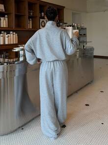 SHEIN EZwear New Autumn Clothes Old Moeny  Light Grey Embroidered Half-Zip Turtleneck Long Sleeve Sweatshirt And Sweatpants Set Grey Sweats Grey 2 Piece Set - Light Grey - View 4