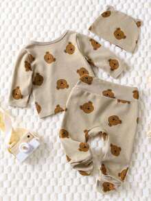 SHEIN 3 件套新生儿熊印花长袖上衣、连脚裤和帽子套装，秋冬家居服 - 摩卡棕 - 查看 3