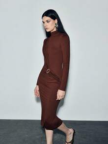 Lumivelle Women's Ruched Fitted Metal Decor Long Sleeve Elegant Maxi Dress, Suitable For Commuting And Layering In Autumn/Winter