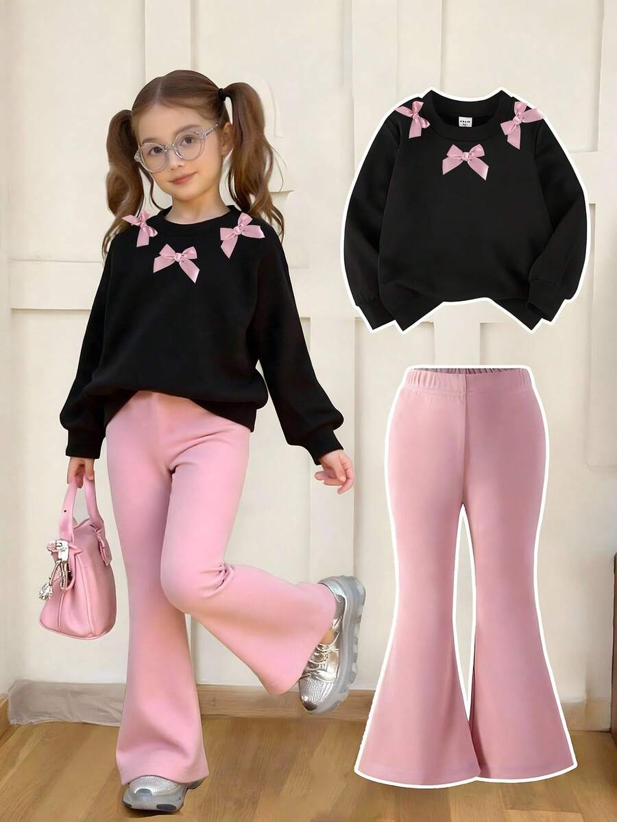 SHEIN 2件套年轻女孩简约时尚粉色蝴蝶结黑色上衣和粉色裤子运动服套装 - 彩色 - 查看 1