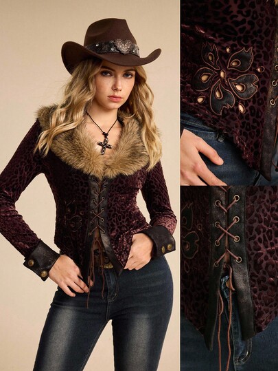 EDITION Lace Patchwork Tie-Waist Flare Sleeve Shirt For Women, Nature Style