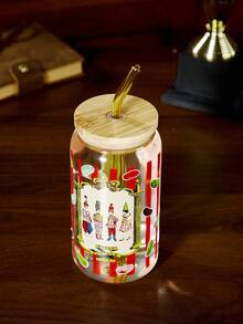 HARRY POTTER X SHEIN 1 Pc 500 Ml/17.6 Oz Novelty Jelly Bean Print Glass Cup With Straw Cleaning Brush, Heat & Cold Resistant, Suitable For Milk, Juice Etc.,Christmas,Gift Ideas - Clear - View 2