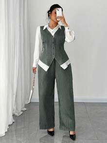 Elenzga 大码女式纽扣条纹拼布撞色衬衫和条纹裤优雅通勤两件套 - 軍綠色 - 查看 1