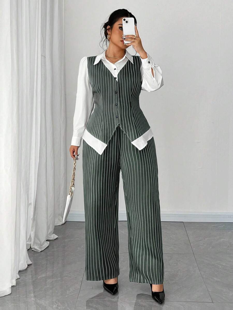 Elenzga 大码女式纽扣条纹拼布撞色衬衫和条纹裤优雅通勤两件套 - 軍綠色 - 查看 1
