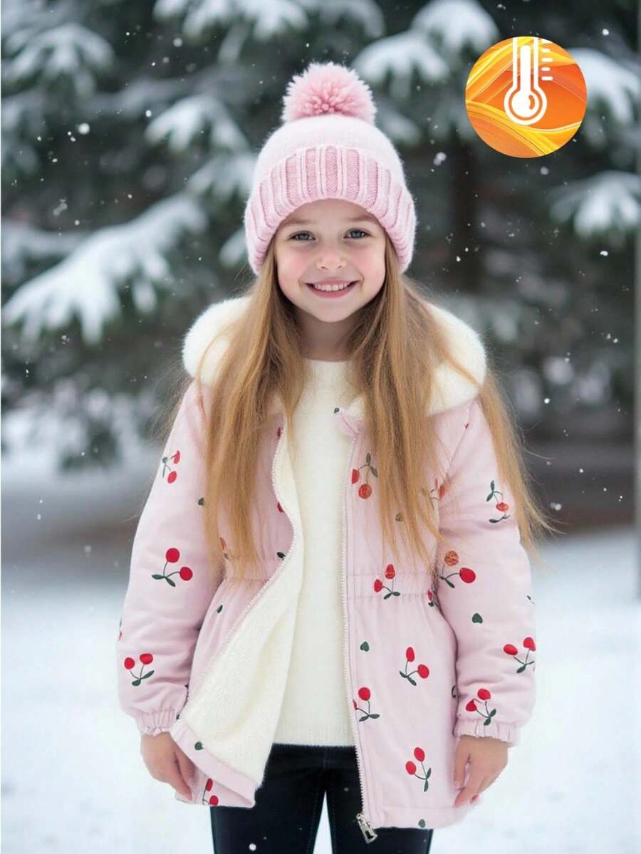 SHEIN Elladie kids 女童厚羊毛连帽夹克,人造毛领,修身款,拉链开合,适合 4-7 岁儿童,冬季外套 - 粉色 - 查看 1