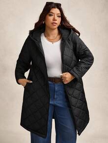 Zelara 大码女式远红外棉质连帽拉链绗缝夹克，秋冬款黑色 - 黑色 - 查看 4