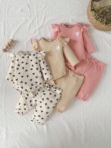 SHEIN 女婴/婴儿短袖爱心刺绣蝴蝶结连体衣裤套装，舒适可爱休闲装 - 彩色 - 查看 3