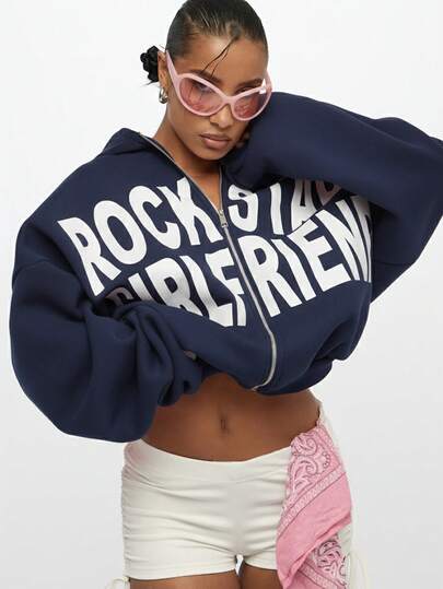 SUMWON WOMEN Oversized Graphic Hoodie With Rock Star Girlfriend Print Casual Streetwear Pullover