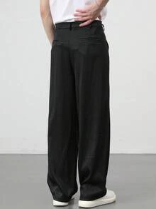 Claim Dot 男士黑色褶皺斜口袋直腳寬鬆休閒通勤西裝褲