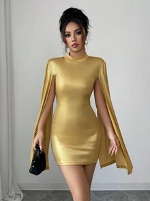 Selianne Women's Mock Neck Fitted Extra Long Sleeve Mini Dress - Gold - View 3