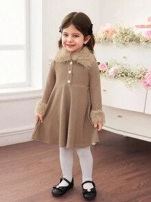 Elegant Mother-Daughter Matching Outfits, Khaki Ribbed Knit Turtleneck Long Sleeve Dress - Khaki - View 2