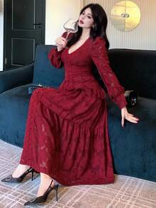 DAZY Váy dài vừa phải cổ chữ V viền xếp nếp ren vá thanh lịch dành cho nữ, mùa thu - Đỏ - Xem 4