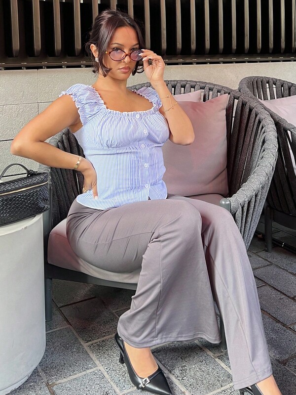 NegzBox Pantalones de cintura alta acampanados de unicolor