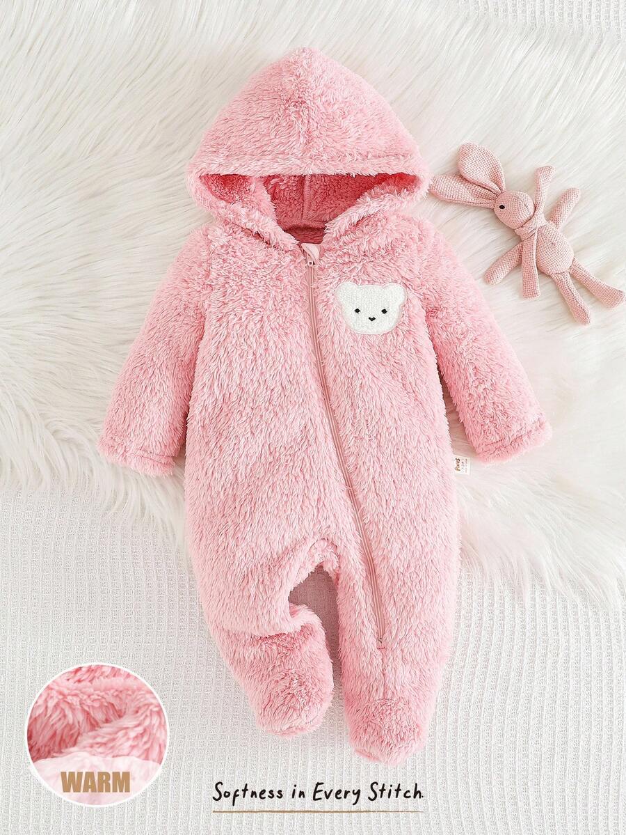 Cozy Pixies 新生女婴卡通熊连帽加厚长袖连体衣 - 粉色 - 查看 1