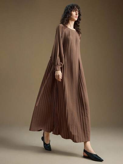 Ontre Women's Brown Satin Fabric Glossy Comfortable Fitted Puff Sleeve Design Pleated Hem Belted Dress, Versatile For Casual, Business, Commuting, High-Quality Urban Chic Attire Suitable For Christmas, New Year, Social Events High-End, Elegant, Old-Fashioned Cruise Attire For Wedding Guests Modern Urban Casual Fashion Business Casual Women's Office Wear Low-Key Old Money Style Effortless Temperament High-End Urban Commuting High-Quality Airport Women's Wear High-End Material  Luxury Evening Clothes Fo