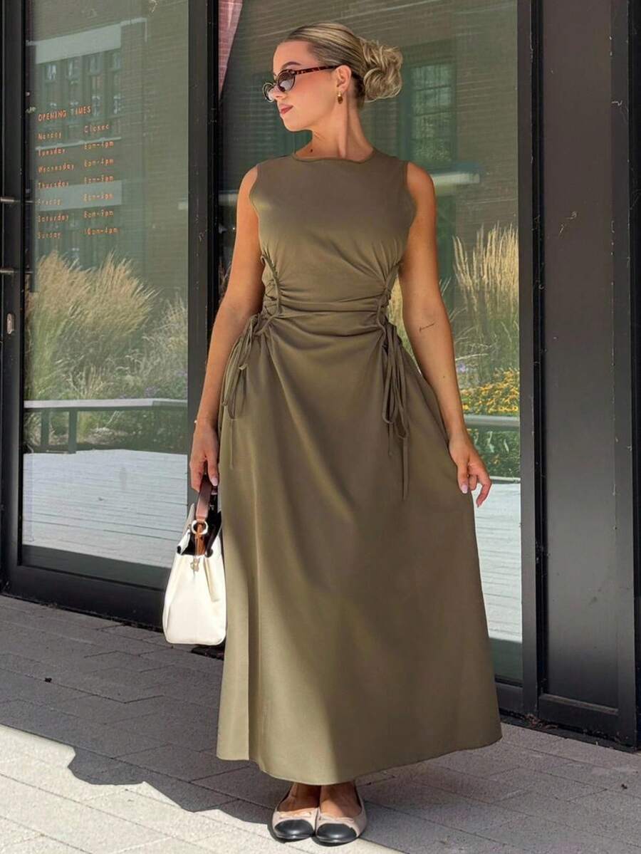 Bethéva Đen Ngày Đêm Bên Chữ Thập Frenulum Rắn Ruched Chi Tiết Áo Dài - xanh quân đội - Xem 1