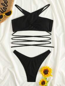 Swim SXY Summer Beach Rib Criss Cross Halter Bikini Set - Black - View 3