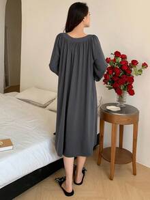 DAZY 撞色荷叶边褶皱宽松女士睡衣，冬季 - 深灰色 - 查看 2