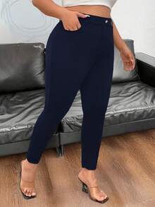 SHEIN PETITE 休闲纯色松紧腰修身紧身裤 - 藏蓝色 - 查看 5